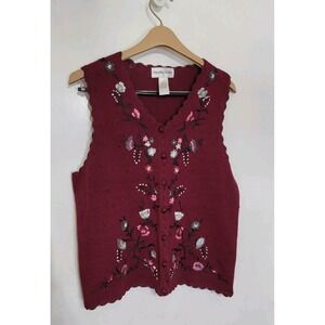 Vintage Hampshire Studio‎ Burgundy Women's Sweater Vest Floral Size L Grannycore